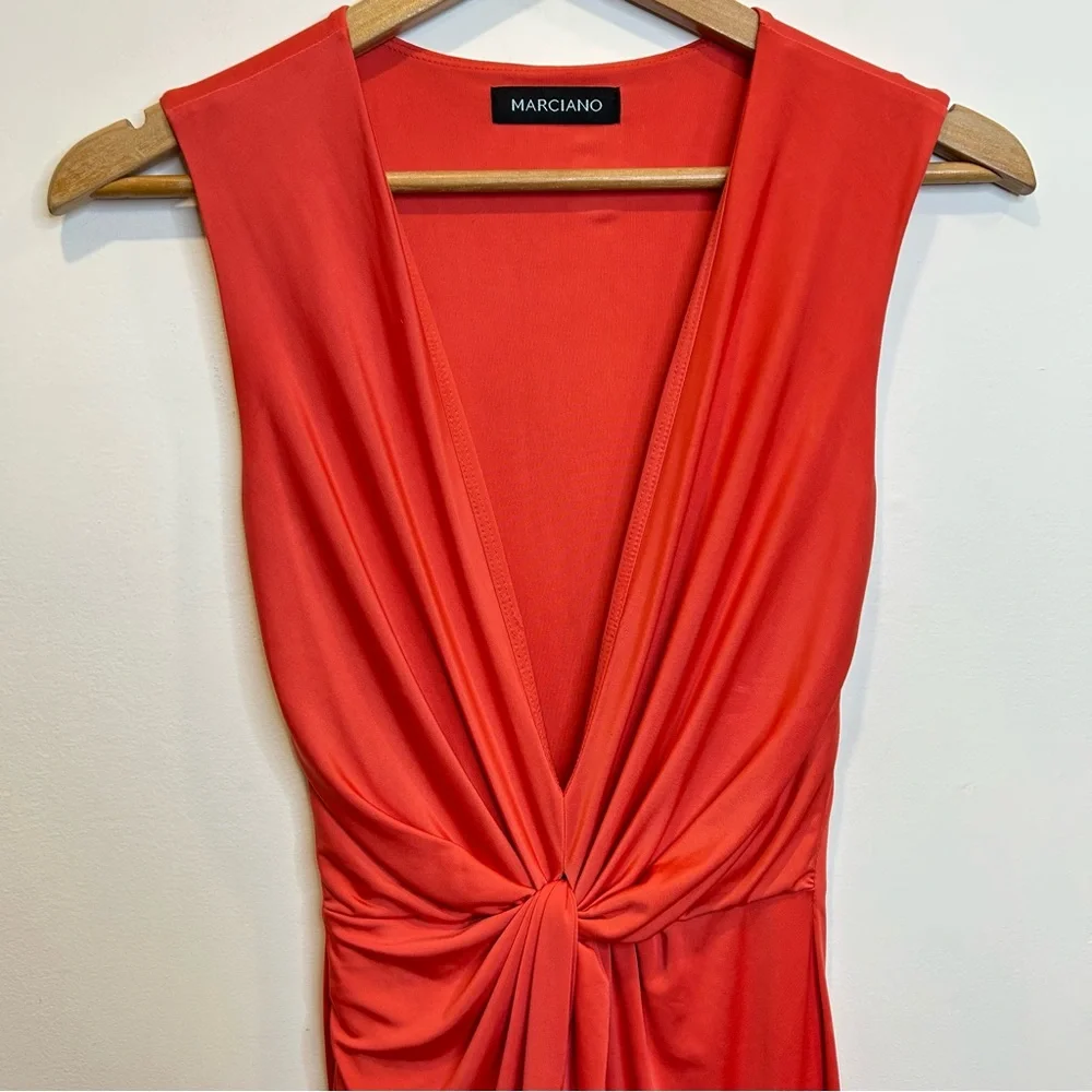 Marciano Plunge Neck Faux Wrap Midi Dress Coral - Picture 4 of 6